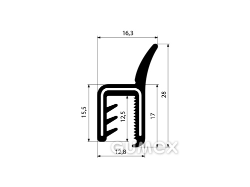 Silikonový profil U-PIRELI s kovovou výztuží s praporkem 3785, 70°ShA, U-silikon, praporek-silikon, -60°C/+200°C, černý